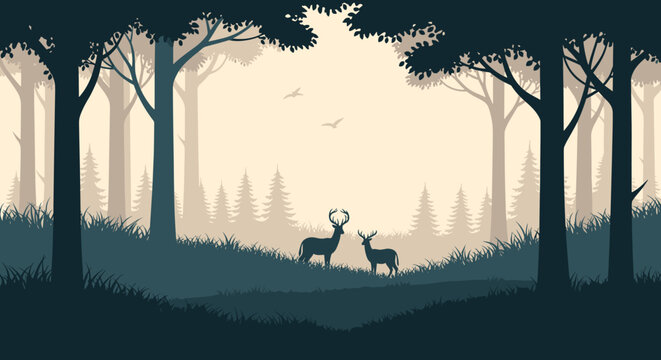 Serene silhouetted forest landscape at dawn featuring two deer standing in a misty meadow surrounded by tall pine trees and flying birds.