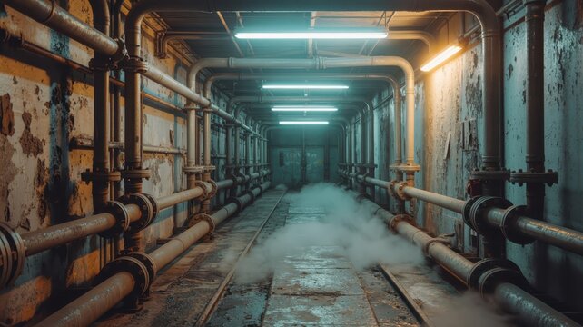 Industrial underground pipe corridor with steam and dim lighting in a sewer or utility tunnel