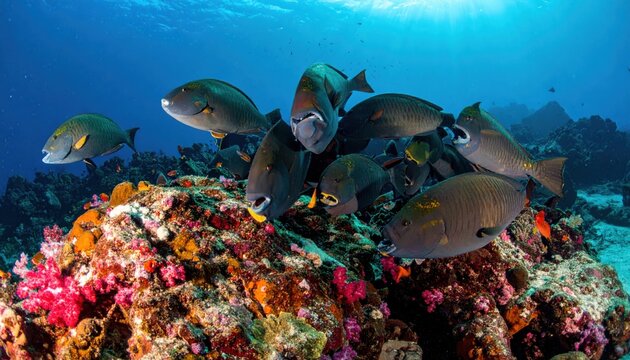 A School of Parrotfish Grazes on a Vibrant Coral Reef Ecosystem Underwater
