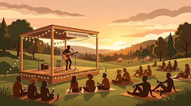 Summer sessions outdoor acoustic music festival with guitarist singing on wooden stage for crowd flat vector illustration