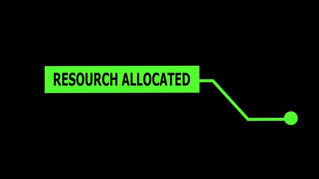 Digital hud interface featuring resource allocated text notification with animated green callout box and pointer for futuristic ui and data visualization projects