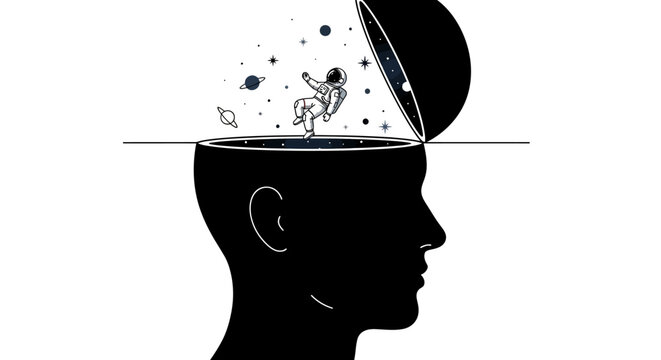 Astronaut floating inside open head silhouette, outer space concept