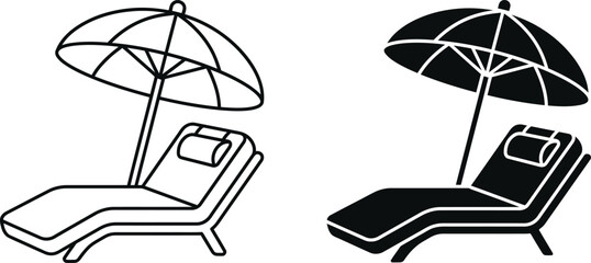 Beach chair with umbrella vector icon set featuring outline and black silhouette styles isolated on white background © VactorZone