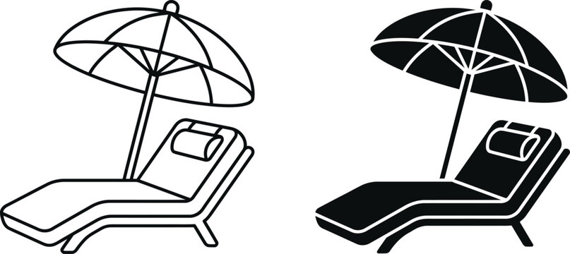 Beach chair with umbrella vector icon set featuring outline and black silhouette styles isolated on white background