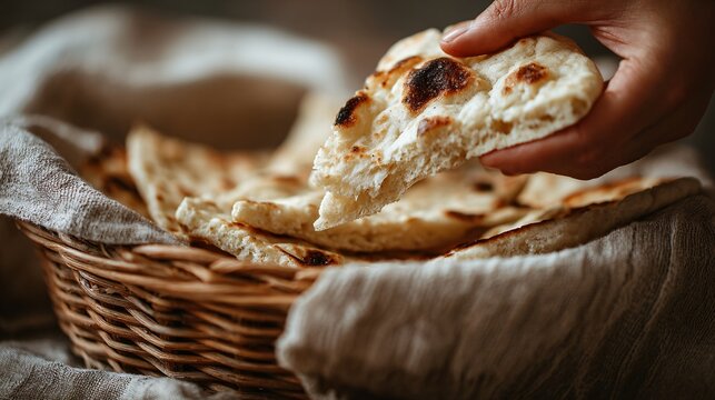 A close up of a hand pulling a piece of flatbread from a basket, showing soft interior, crisp edges, and texture against a blurred neutral background