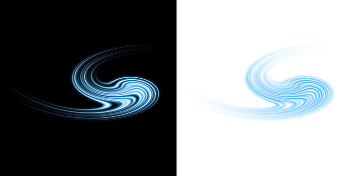 Abstract blue s-curve with glowing light trails on black and white backgrounds isolated on a transparent background