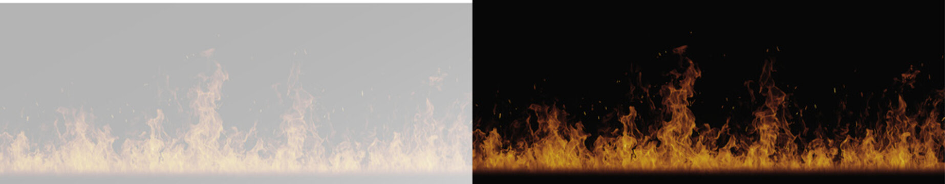 Realistic fire flame border set, atmospheric burning bonfire wall and cinematic blazing hot heat frame track on contrast backgrounds