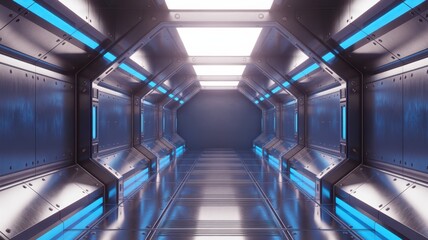 Obraz premium Futuristic metallic corridor with glowing blue and white lighting design