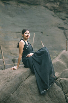 Cinematic Portrait of Indian Girl in Black Saree at Athirappilly Falls