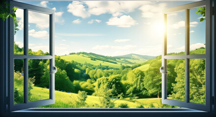 Fototapeta premium Scenic Landscape Nature View Background: Beautiful Outdoor Panorama and Mountain Scenery Seen from Inside a Window.