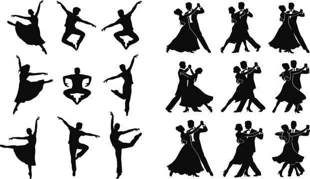 Black silhouette of people dancing in various poses black silhouettes dancing figures dance poses de
