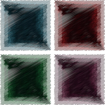 A set of four squares rendered with a dense hand-drawn scribbled line texture in different colors. This artistic vector illustration provides a tactile sketch-like feel for creative projects.