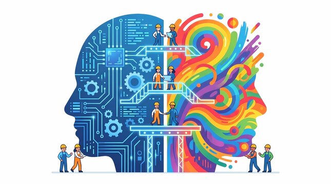 Flat vector illustration of tiny workers building a structured brain on one side and a creative paint explosive brain on the other, symbolizing left and right brain functions and teamwork.