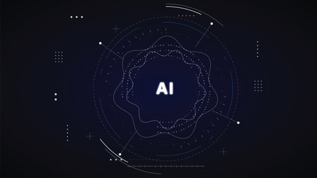 Abstract digital technology background with ai text, futuristic hud interface, data visualization, and circular elements