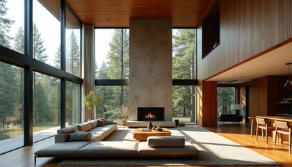 Fototapeta premium Spacious modern living room with fireplace. Large windows offer forest views. Furniture is minimalist and stylish. High ceilings create an airy atmosphere. This home feels serene and open.