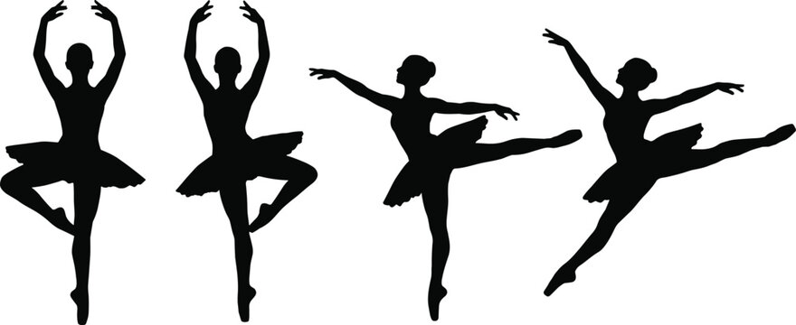 Four black silhouetted figures dancing in a row against a white background black silhouettes