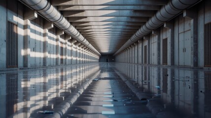 Fototapeta premium Modern industrial corridor with reflective water and steel pipe ceiling