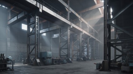 Fototapeta premium Interior view of a spacious industrial warehouse with metal support beams and storage areas