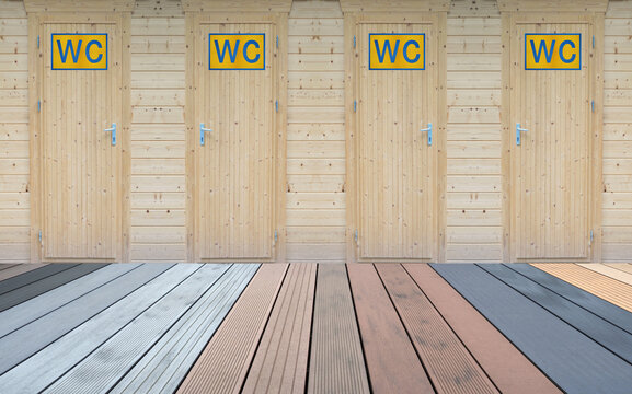 Toiletten mit einfachen Holzt&uuml;ren und WPC Terrassendielen