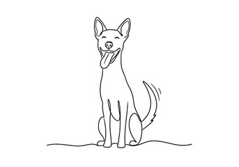 Continuous line art drawing of a happy sitting dog with tongue out domestic obedient