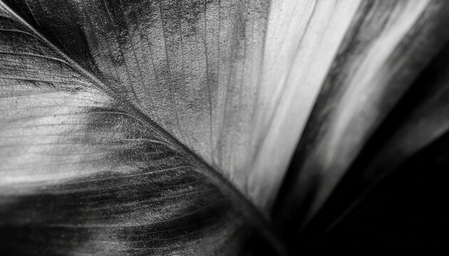 Close-up of a large striped tropical plant leaf with detailed texture in black and white