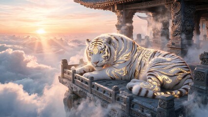 Fototapeta premium A majestic white tiger rests peacefully on an ancient architectural balcony amidst clouds and a golden sunrise