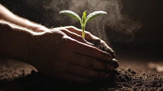 A pair of hands planting a young green sprout in rich dark soil under dramatic lighting.