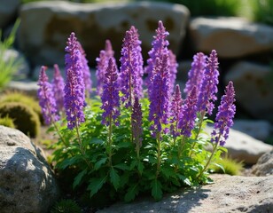 Obraz premium Spiked speedwell flowers bloom with green leaves in garden rockery. Purple violet blossoms grow near stones and grass. Summer nature detail.