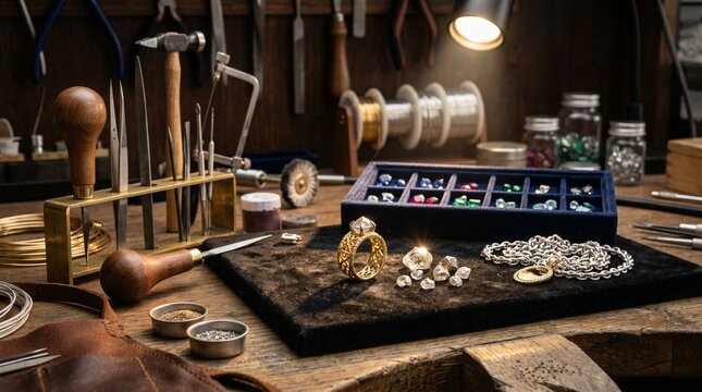 Master Jeweler's Workbench Intricate Gemstone Settings and Fine Jewelry Creation