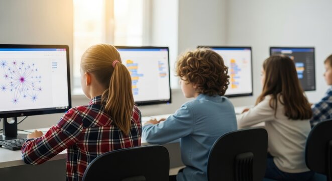 Group of Diverse Elementary School Children Learning Computer Programming and Coding in a Modern Classroom Lab