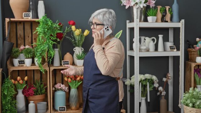 Woman holding smartphone to ear, florist wearing apron in studio surrounded by vases and flowers; concern small business.