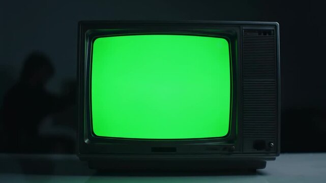 Vintage tv transitions from static noise to color bars and a green screen on old set