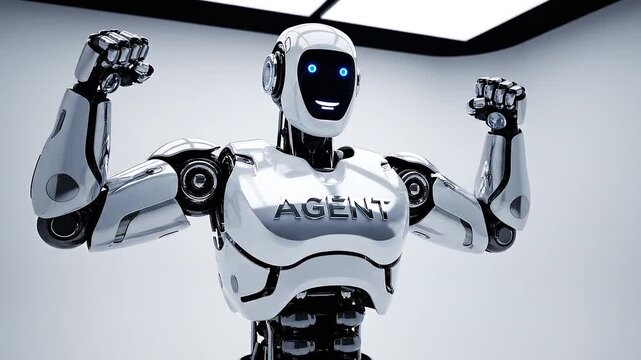 Tracking shot of humanoid robot raising arms and flexing chest with smiling face in white futuristic studio interior