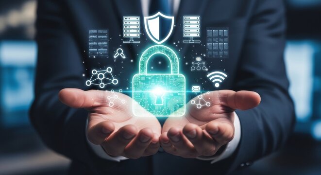 business professional holding glowing digital security lock with network icons