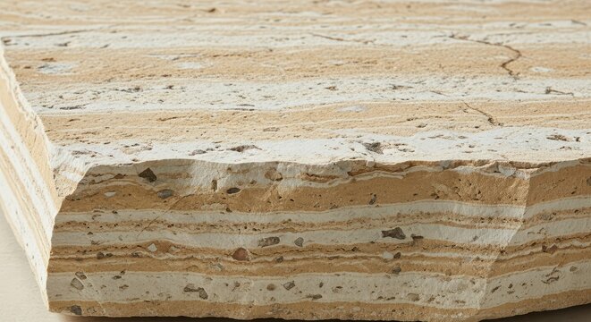 Close-up of a natural layered sedimentary rock slab showing distinct horizontal strata and geological texture
