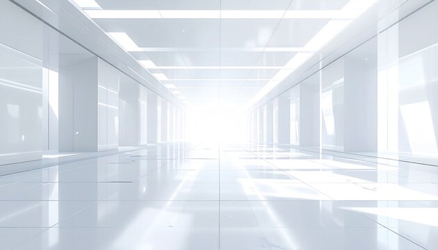 Vast, bright, and minimalist corridor with reflective floor and ceiling