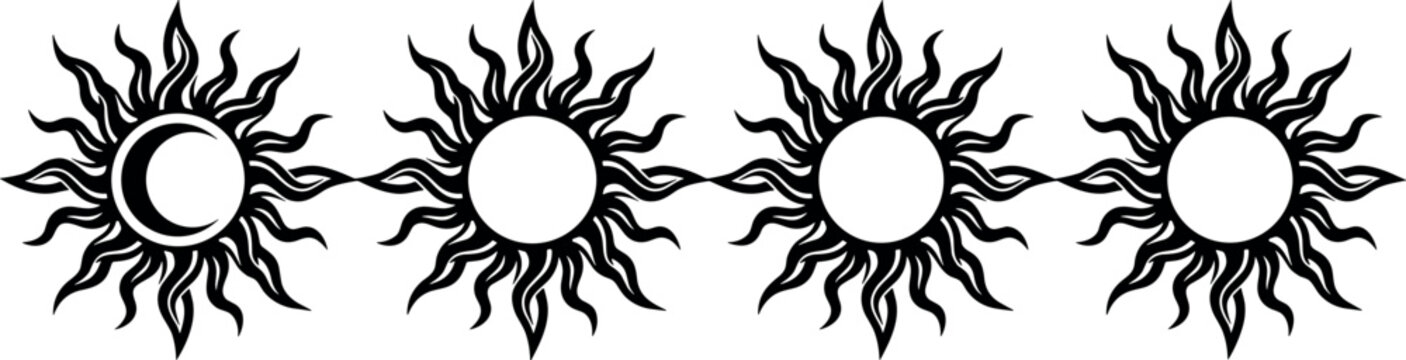 Mystical Sun and Moon Border Vector Illustration Set with Celestial Rays and Tribal Eclipse Ornaments for Esoteric Tarot Card Designs