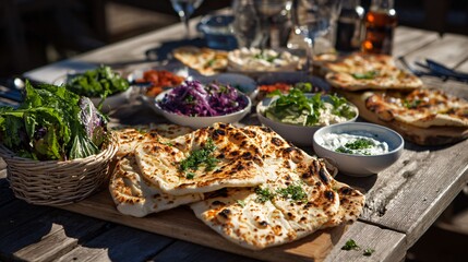 Obraz premium A vibrant outdoor dining scene featuring flatbreads served with fresh vegetables, dips, and herbs on a wooden picnic table in sunlight