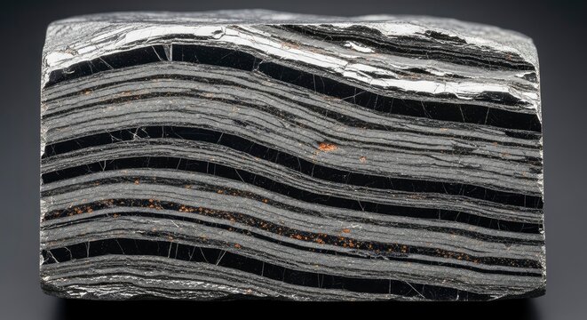 Close-up of a Banded Iron Formation (BIF) Mineral Specimen Showing Metallic Layers and Geological Texture