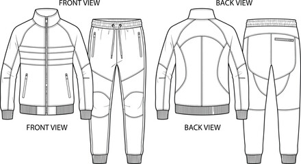 Men tracksuit fashion technical flat sketch template with front and back view of zip up jacket and joggers sweatpants © Smith Rasel