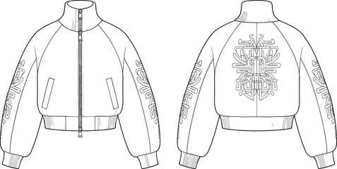 Women cropped bomber jacket fashion technical flat sketch template with front and back view featuring tribal abstract sleeve graphics © MdAtiar