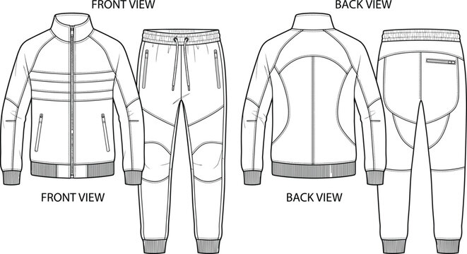Men tracksuit fashion technical flat sketch template with front and back view of zip up jacket and joggers sweatpants