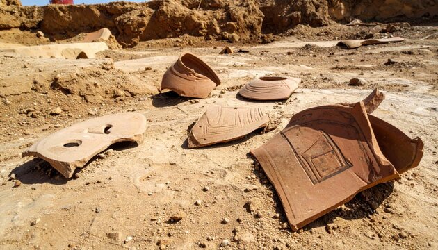 Ancient Earthenware Pottery Shards Scattered Across an Archaeological Dig Site
