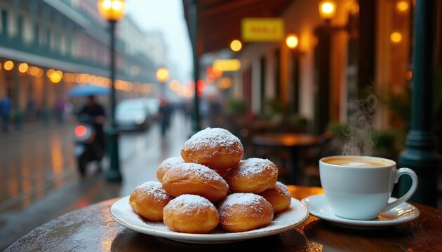 Warm beignets dusted with sugar sit on plate next to steaming coffee cup. Rainy street scene in New Orleans cafe. People walk past with umbrellas. City lights glow on wet pavement.