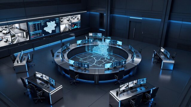 High tech control room with circular desk