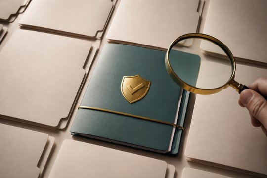 Magnifying glass over teal notebook with gold shield emblem on beige tiled background for security inspection and business protection concept