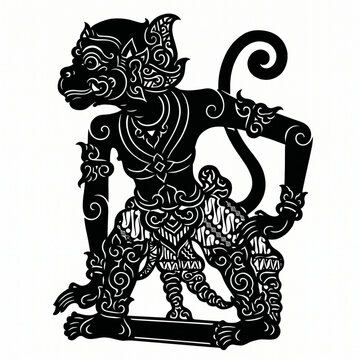 Hanuman White Monkey Shadow Puppet Vector, Javanese Wayang Kulit Hanuman Silhouette