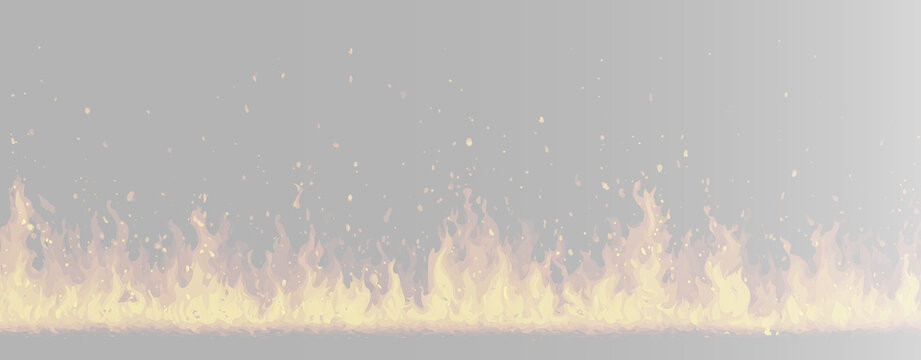 Realistic fire flame border with sparks set, atmospheric burning bonfire wall and cinematic blazing hot heat track on grey backgrounds