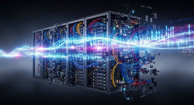 Conceptual visualization of high-speed data transfer through server racks in a futuristic data center with glowing light waves and digital effects