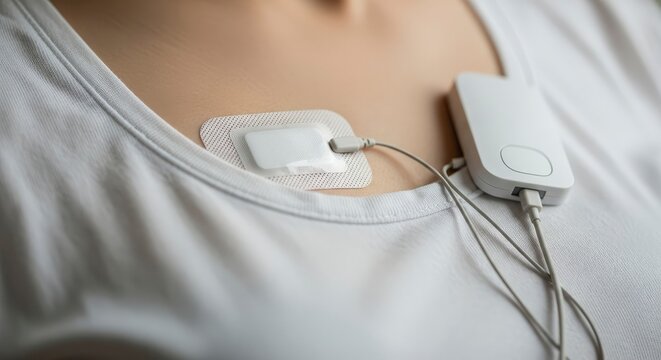 Close-up of a woman wearing a portable Holter monitor device on her chest for cardiac health monitoring and diagnostic testing of heart rhythms.